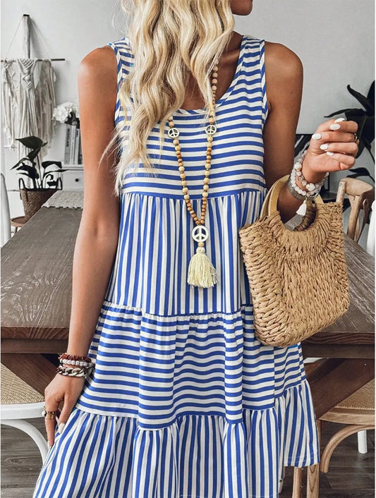Sky Blue Striped U Neck Mini Dress