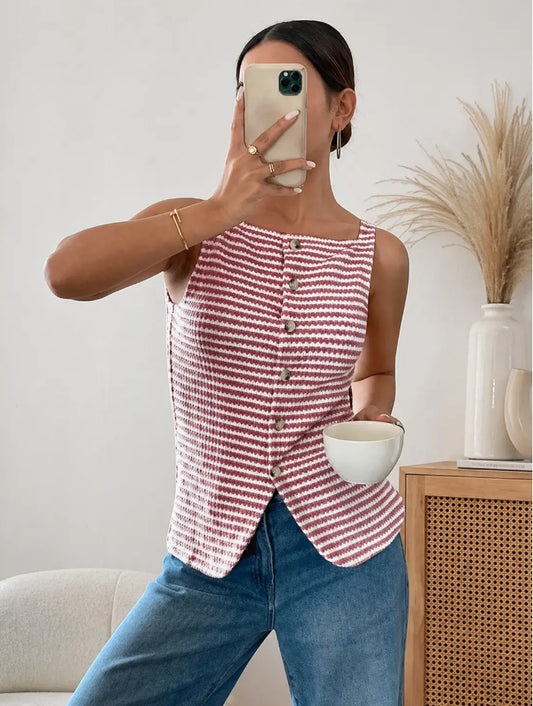 Striped Knit Tank Button Front Sleeveless Top